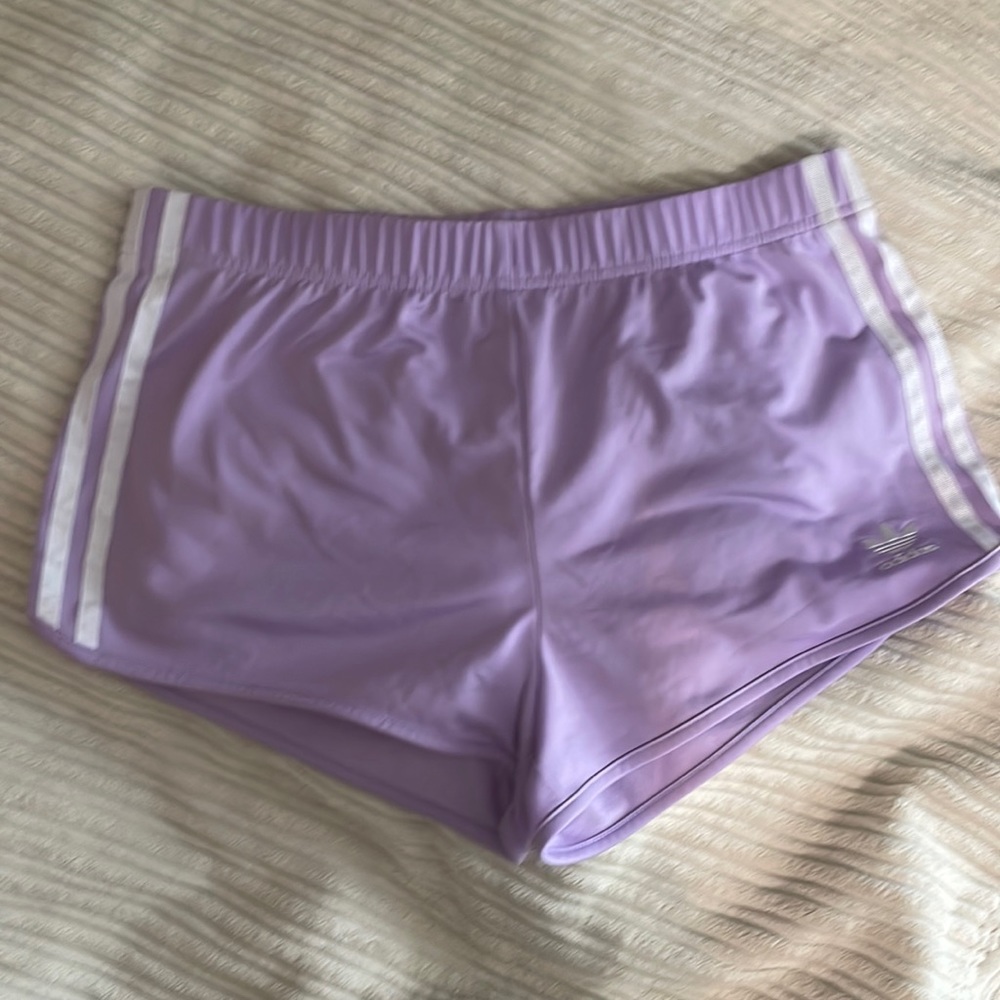 Adidas lavender dolphin hem shorts, liner less, size S, 2 white stripes EUC